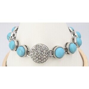 Lia Sophia Bracelet Blue Cabochon Rhinestone Silver Tone Link Statement 7 Inch